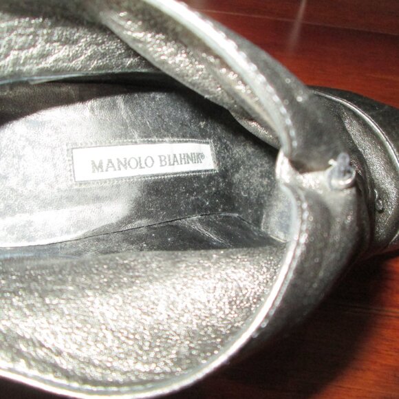 Manolo Blahnik Stiletto Metallic Peep Toe Booties Gunmetal Leather - Picture 8 of 14